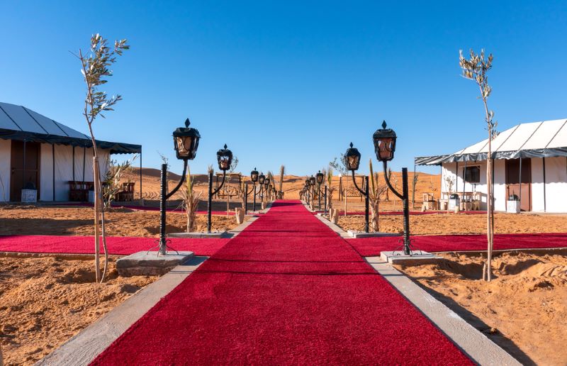 Haimas luxury camp Haimas in a clear blue sky day in the desert at Kam Kam Dunes
